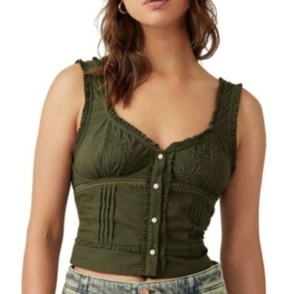 NWT Free People Floral Embroidered Kerry Cropped Tank In Army Green - Picture 1 of 7